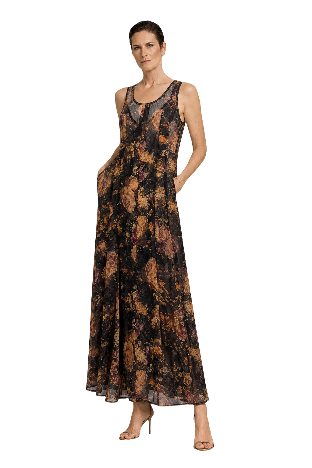 1990s Dark Floral Polyester Maxi Dress - Model
