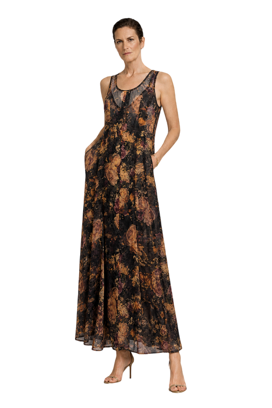 1990s Dark Floral Polyester Maxi Dress - Model