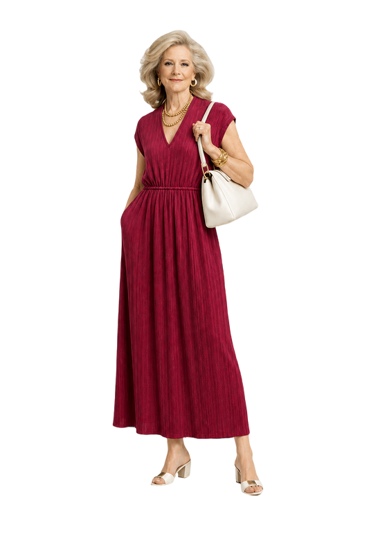 1970s Deep Red Polyester Maxi Dress - Model