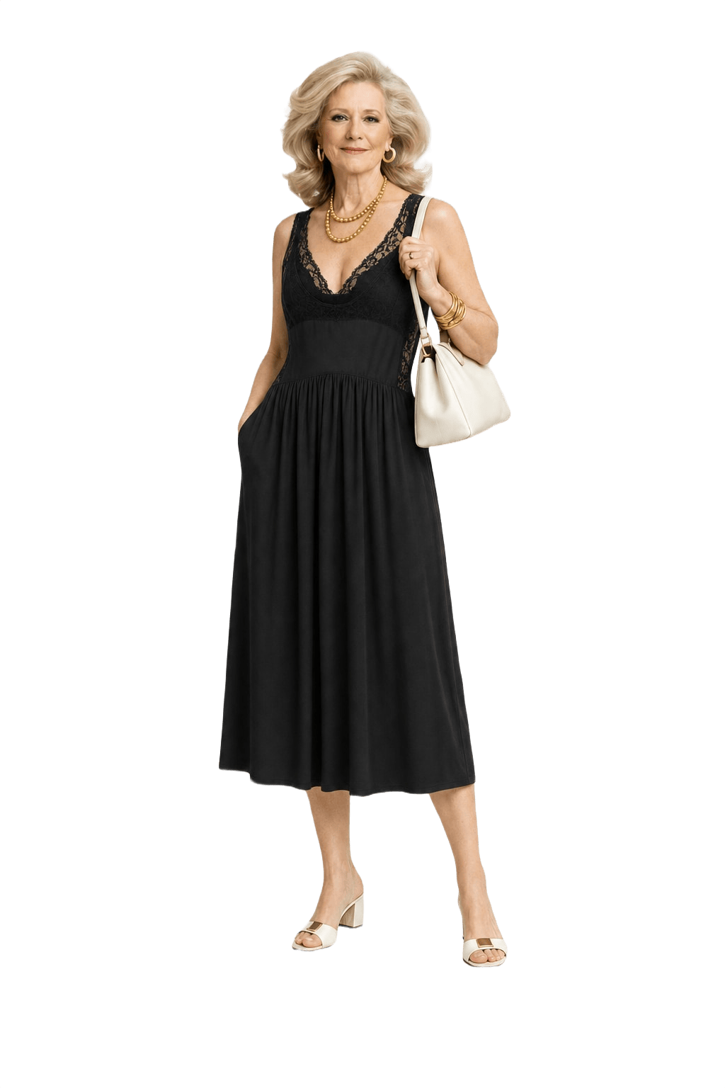 1970s Black Polyester Blend Midi Dress - Model