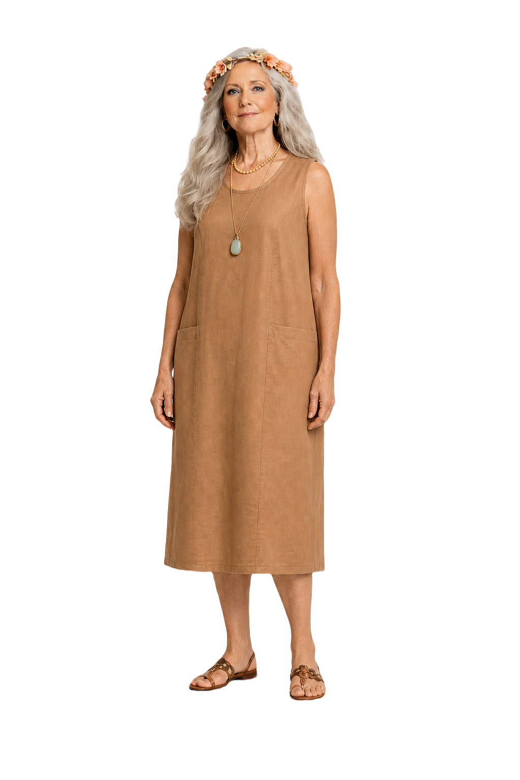 1970s Peach Linen Shift Dress - Model