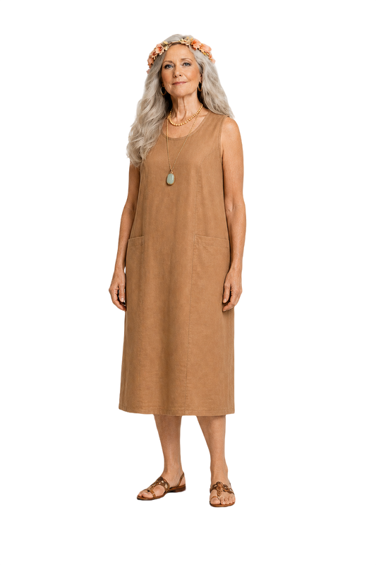 1970s Peach Linen Shift Dress - Model