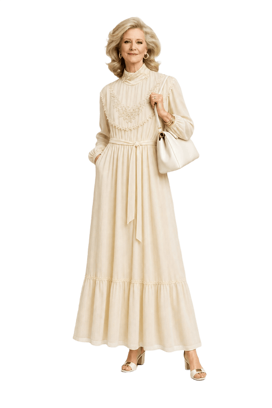 1970s Cream Cotton Blend Maxi Dress - Model