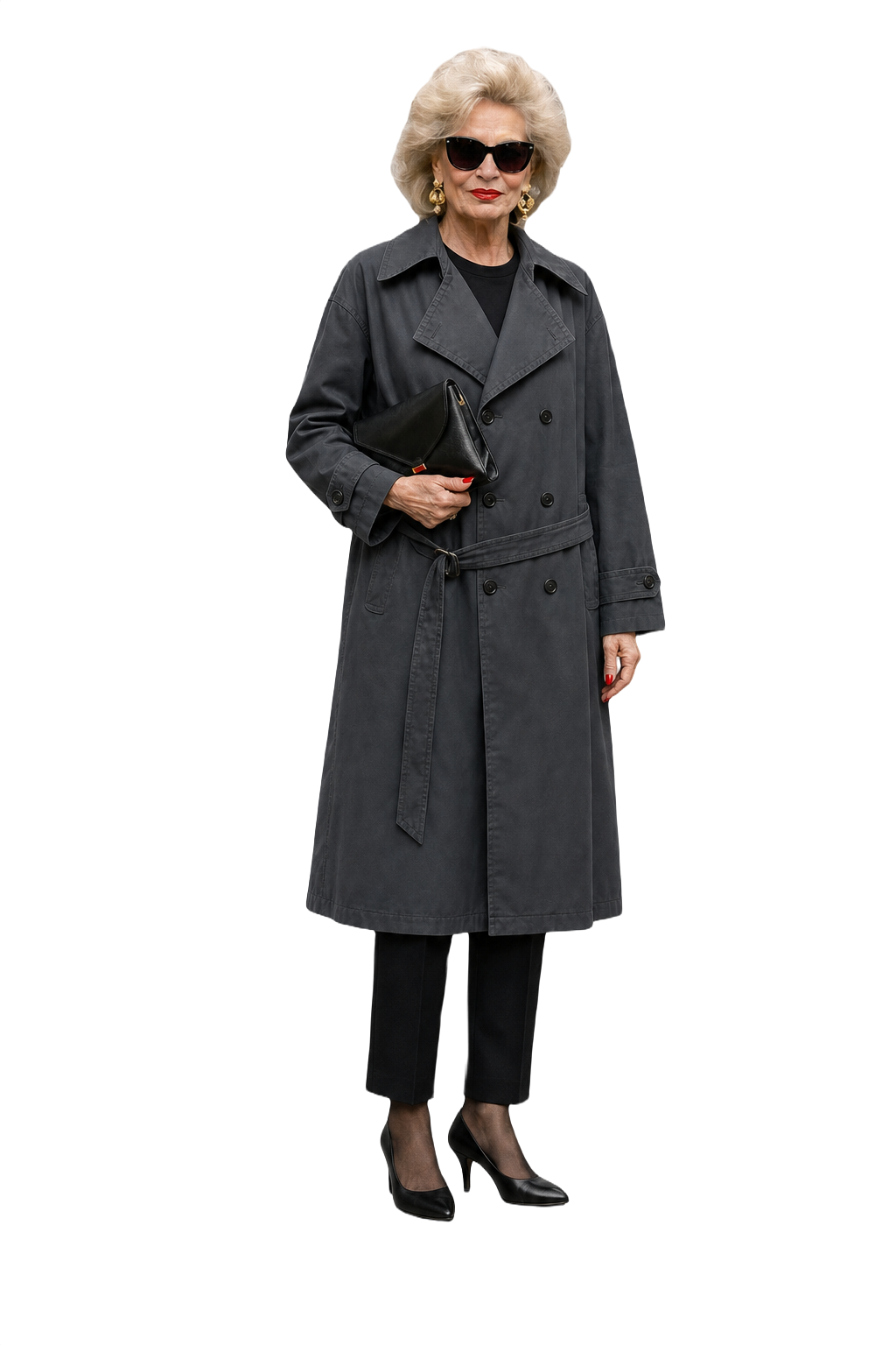 1980s Black Wool Blend Trench Coat - Model