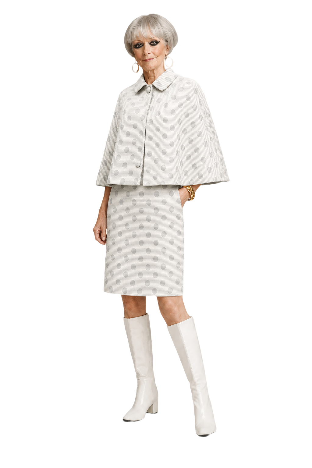 1960s Cream Polka Dot Ribbed Dress and Cape Set - Model