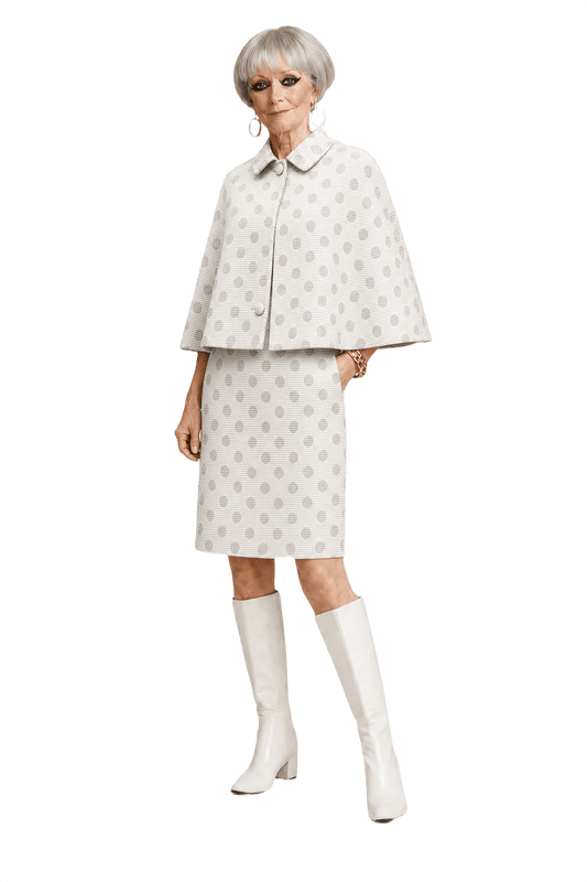 1960s Cream Polka Dot Ribbed Dress and Cape Set - Model