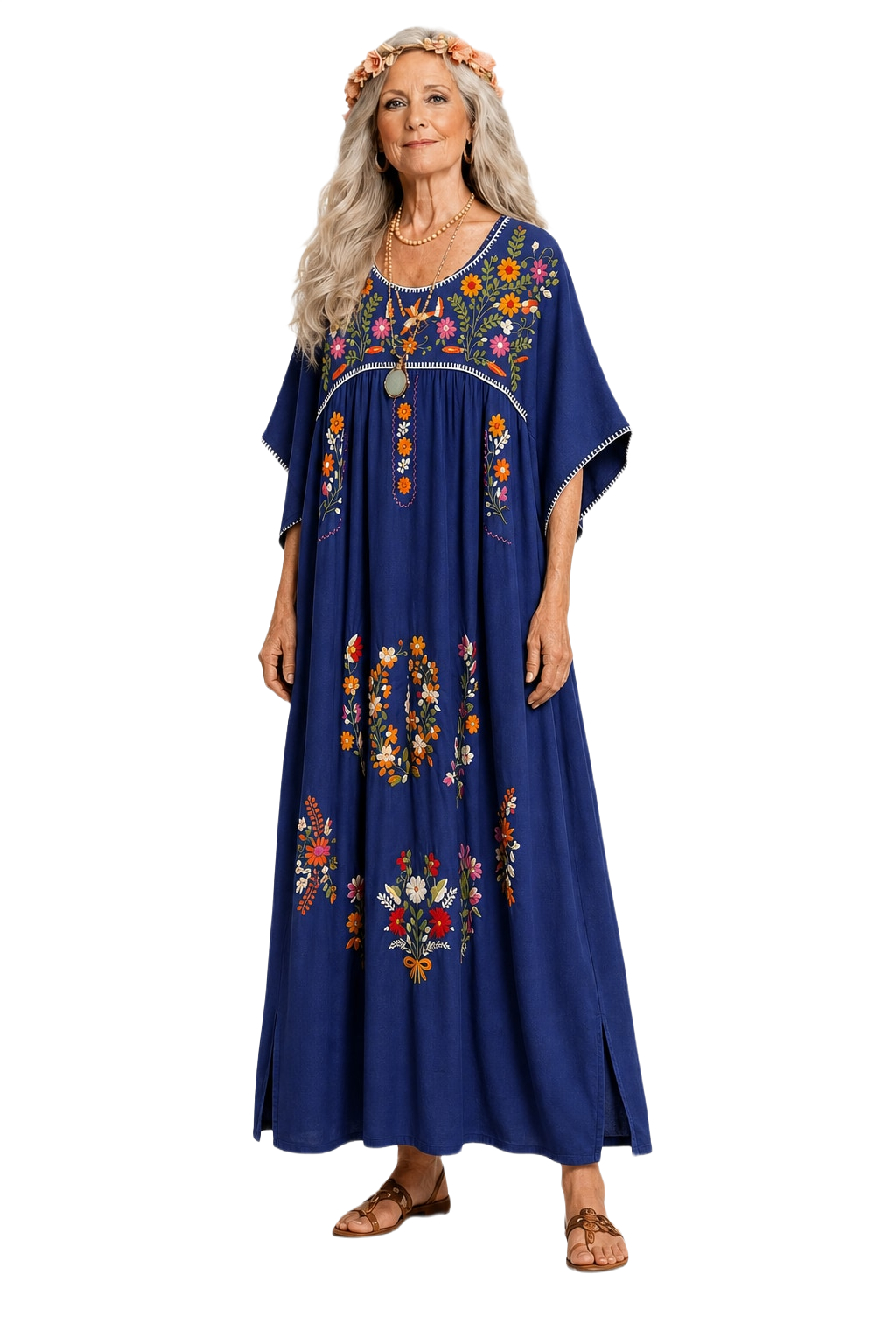 1970s Blue Cotton Maxi Dress - Model