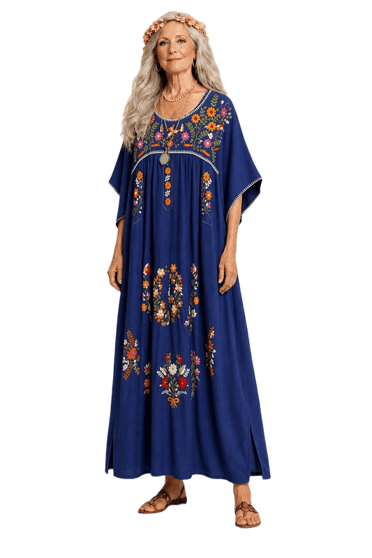 1970s Blue Cotton Maxi Dress - Model