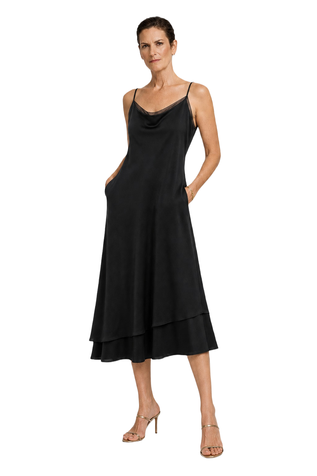 1990s Black Satin Midi Dress - Model