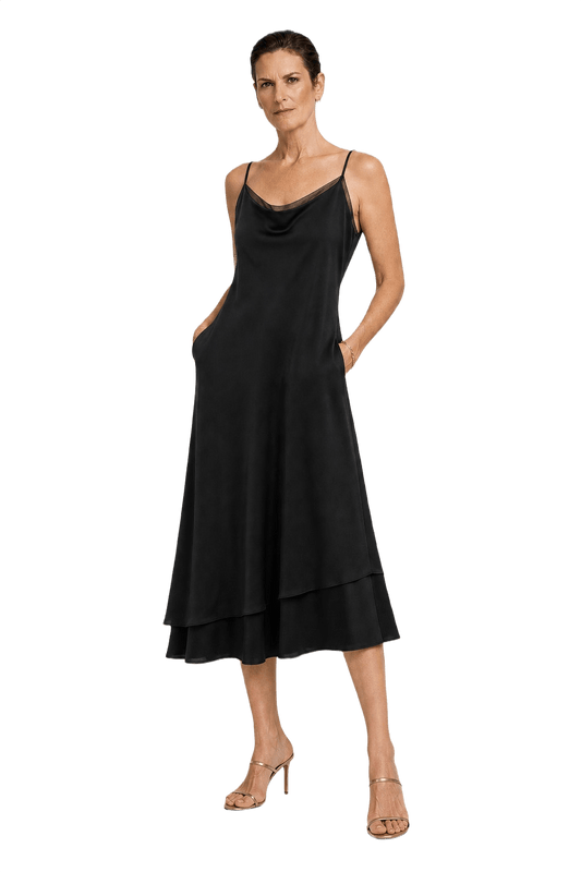 1990s Black Satin Midi Dress - Model