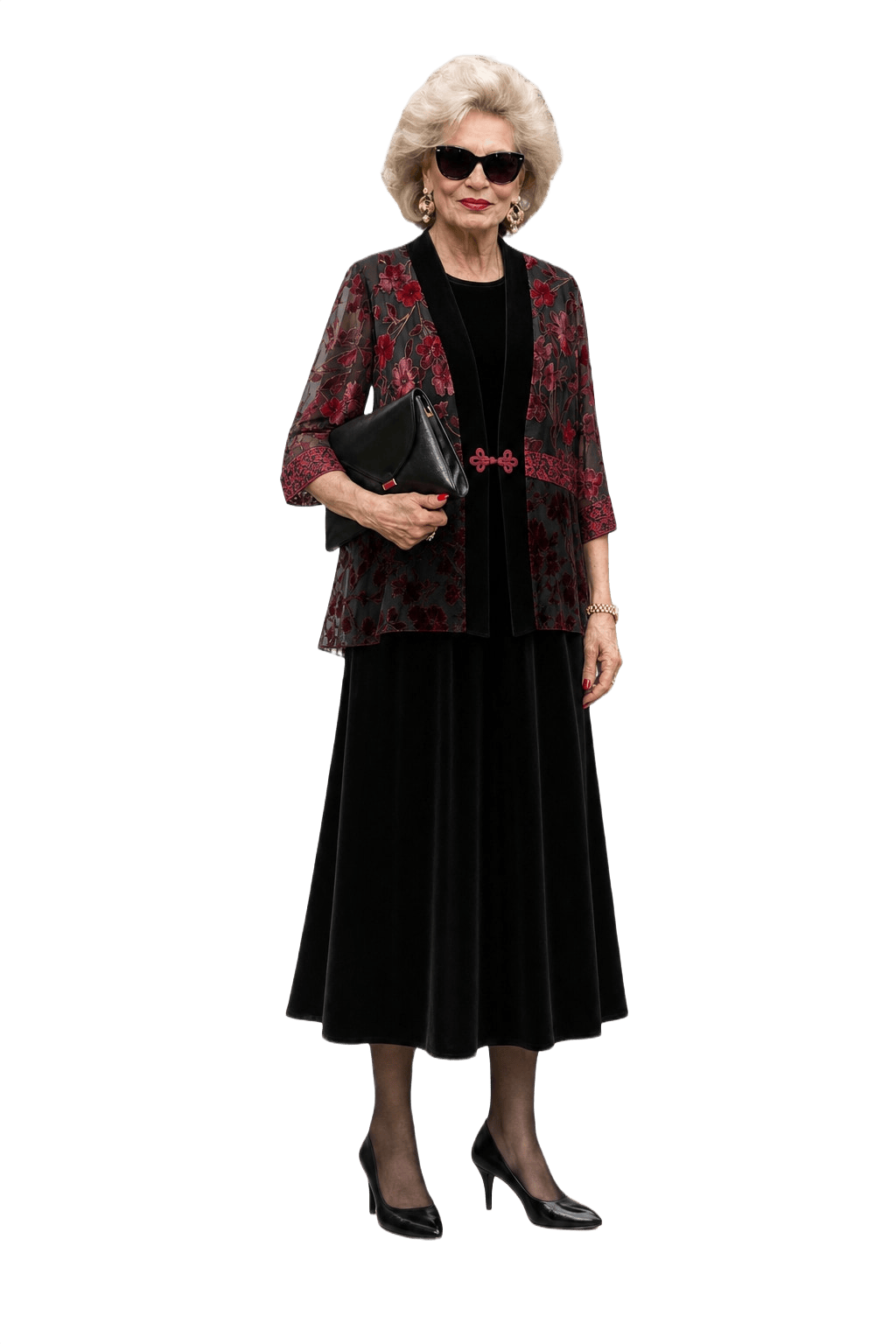 1980s Black Velvet Floral Print Jacket and Dress - Model