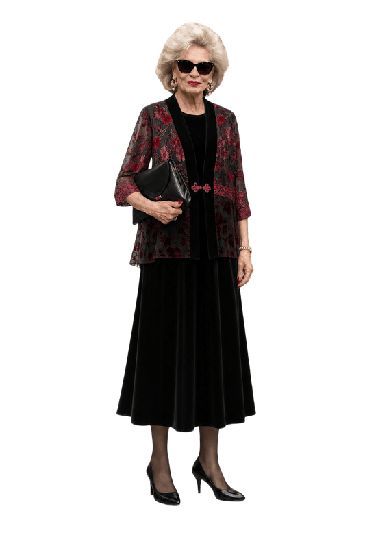 1980s Black Velvet Floral Print Jacket and Dress - Model