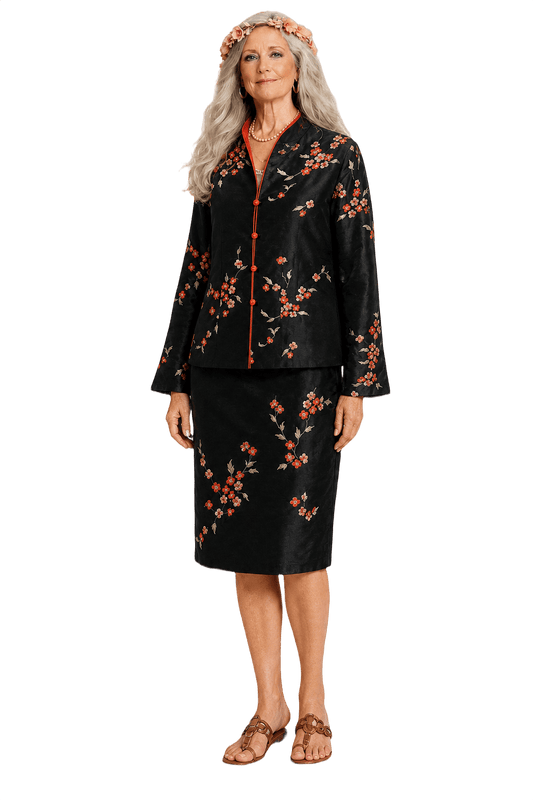 1980s Black Silk Blouse and Skirt Set - Model