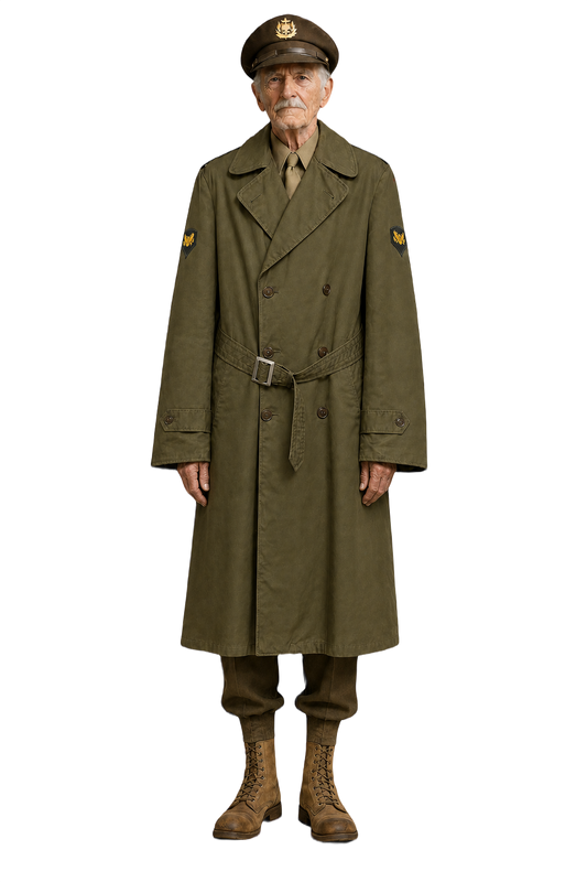 1940s Olive Drab Cotton Trench Coat - Model