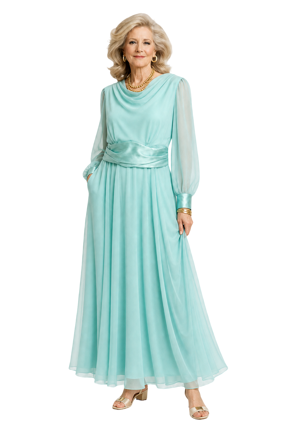 1970s Aqua Chiffon Maxi Dress - Model