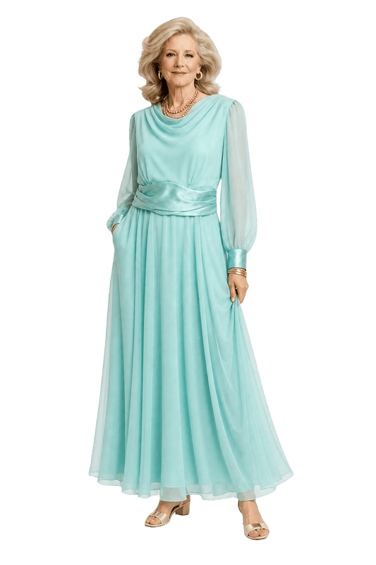 1970s Aqua Chiffon Maxi Dress - Model