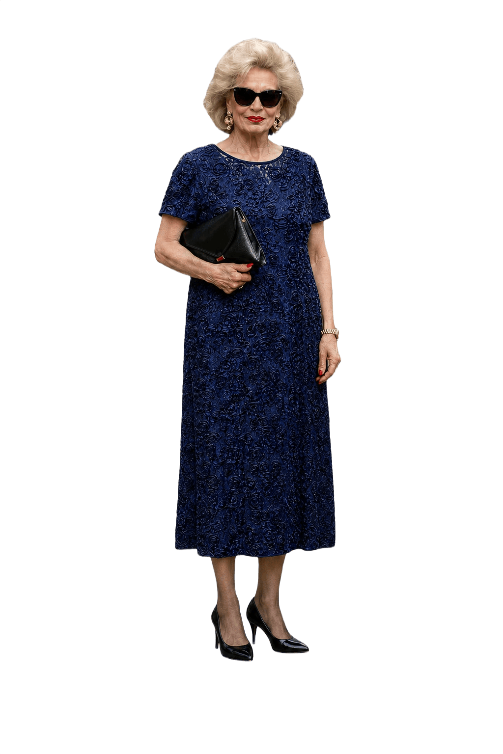 1980s Navy Blue Textured Fabric Dress - Model