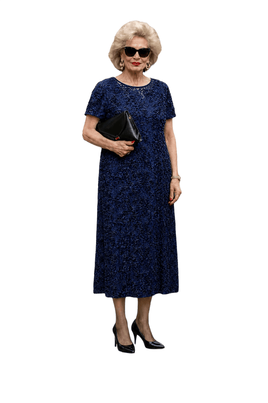 1980s Navy Blue Textured Fabric Dress - Model