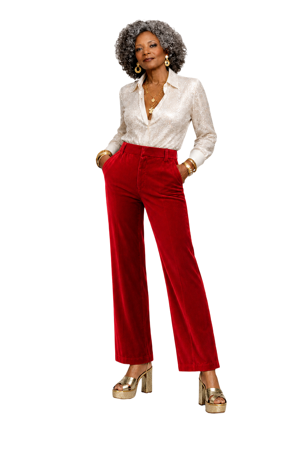 1980s Bright Red Polyester Trousers - Model