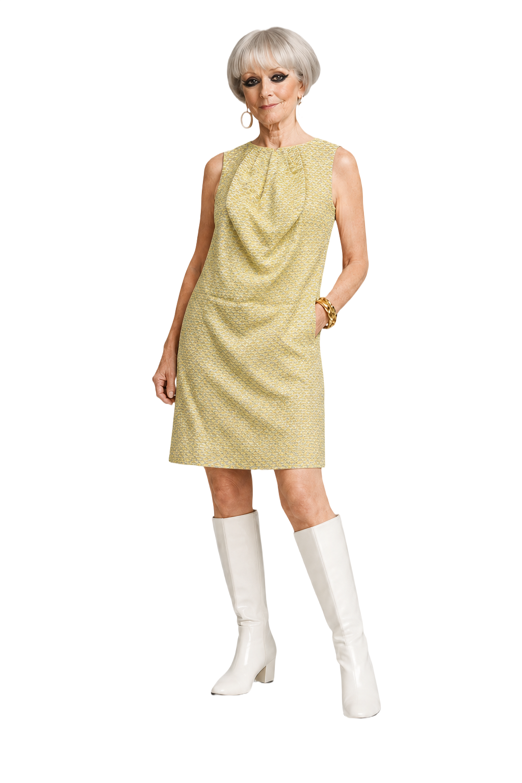 1950s Light Yellow Cotton Blend Shift Dress - Model