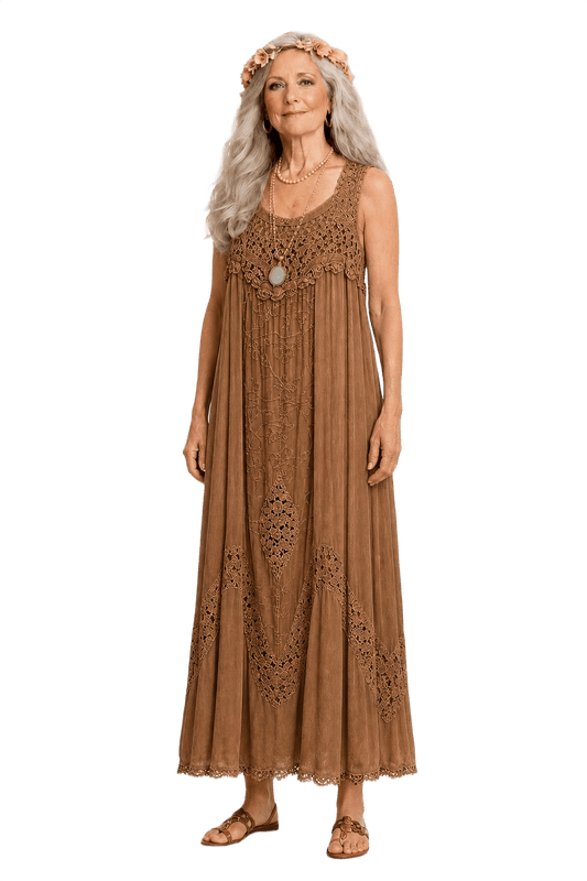 1970s Beige Cotton Blend Maxi Dress - Model