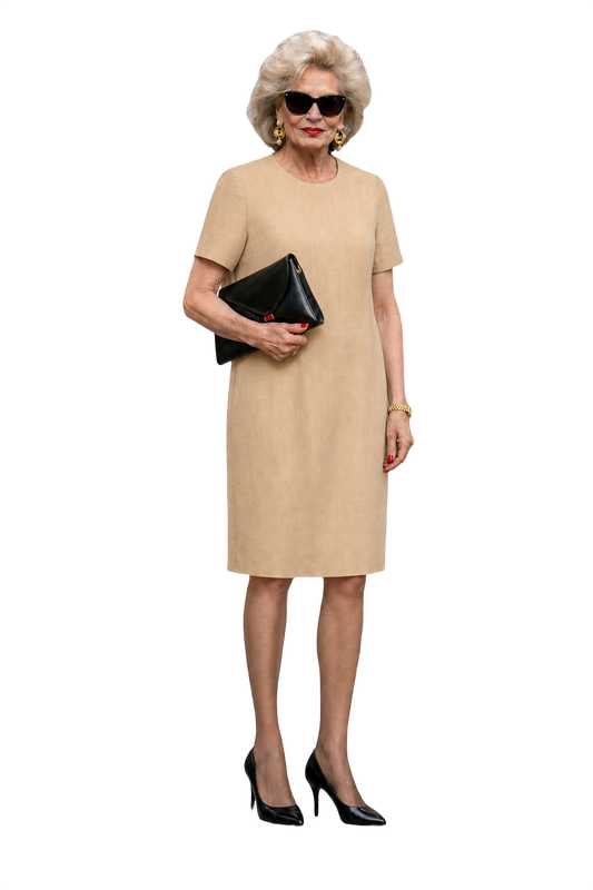 1980s Beige Cotton Shift Dress - Model