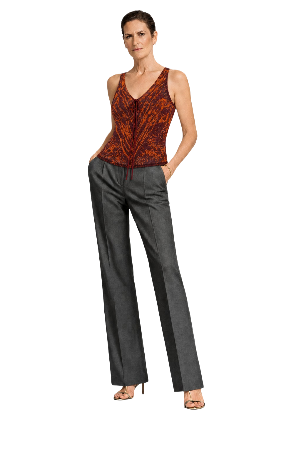 1990s Burnt Orange Rayon Blend Tank Top - Model