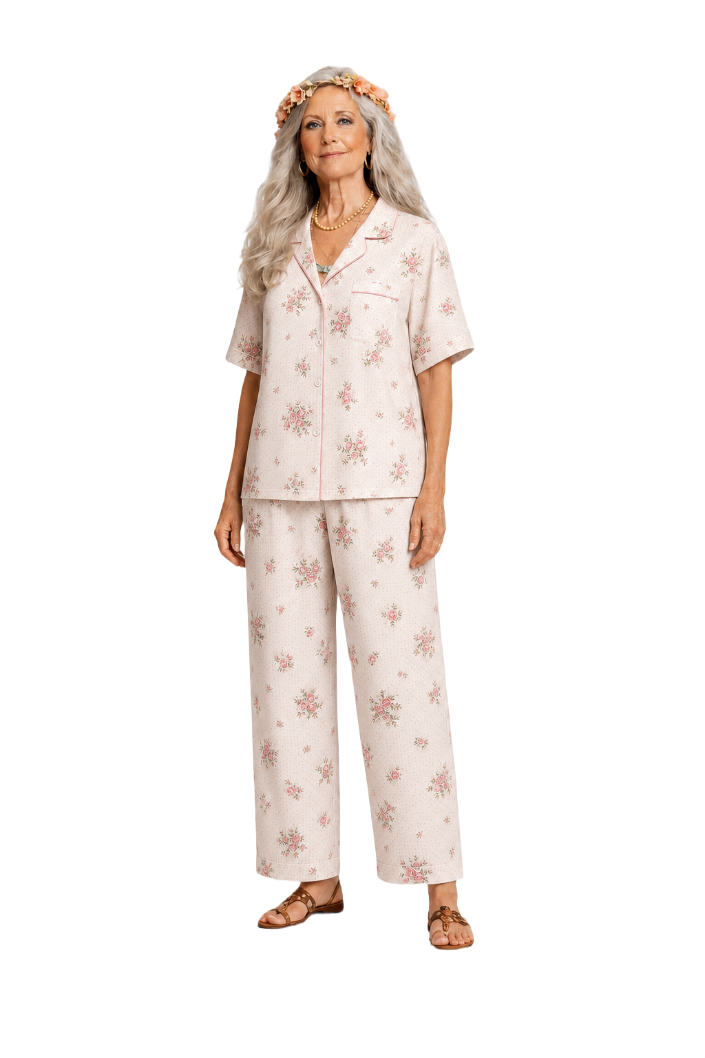 1970s Cream with Pink Floral Cotton Blend Pajama Set - Model