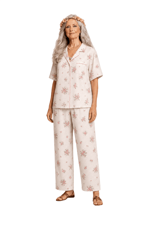 1970s Cream with Pink Floral Cotton Blend Pajama Set - Model