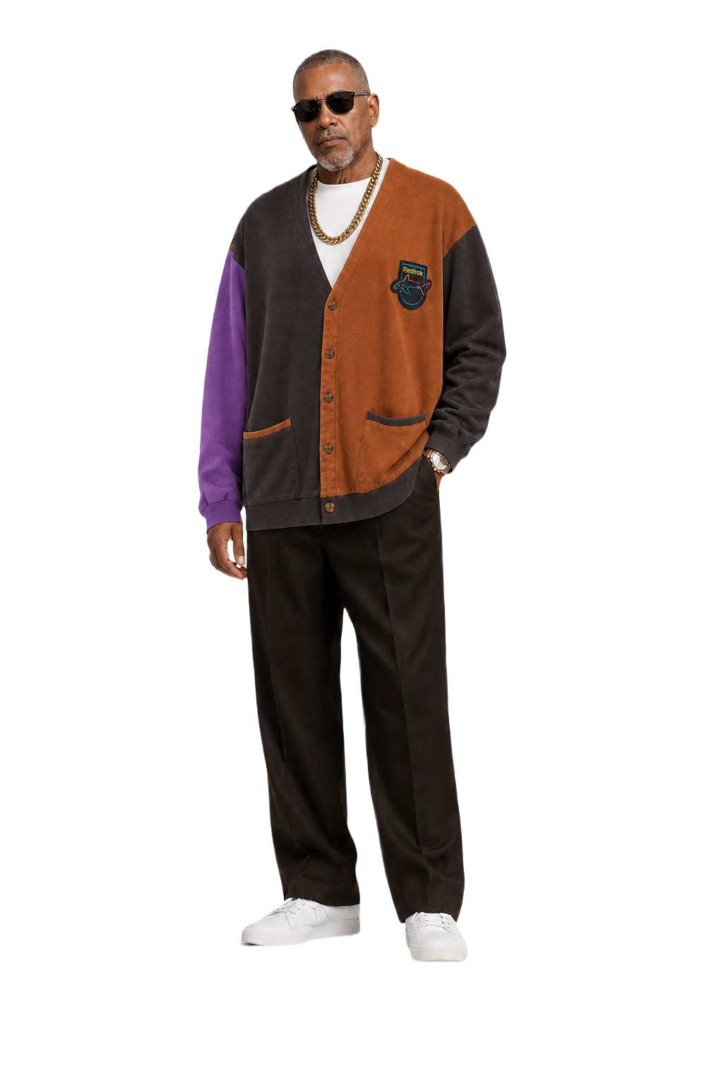 1990s Brown Cotton Color Block Cardigan - Model