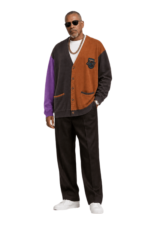1990s Brown Cotton Color Block Cardigan - Model