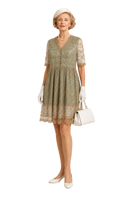 1950s Sage Green Polyester Blend Dress - Model