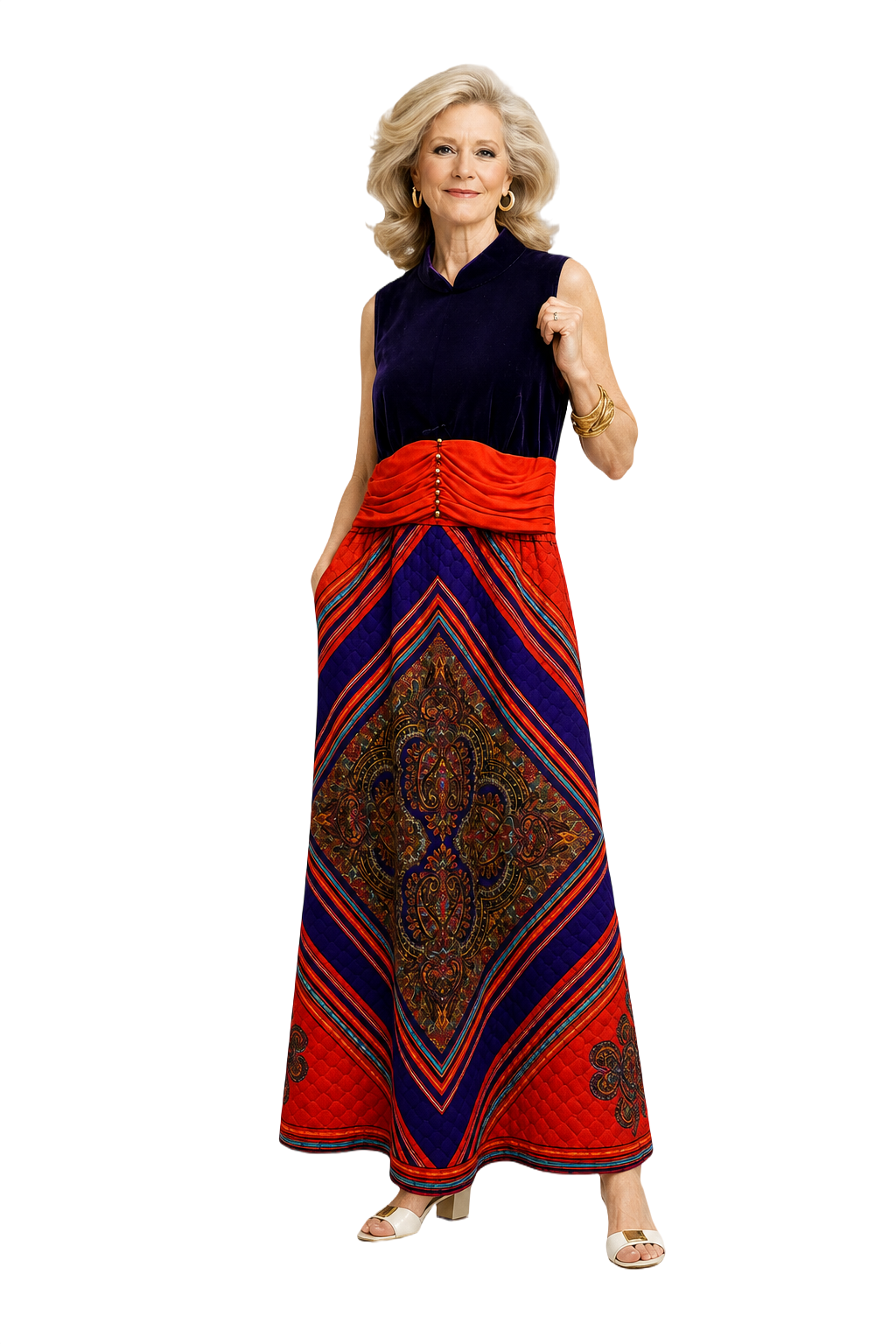 1970s Red Velvet Maxi Dress - Model