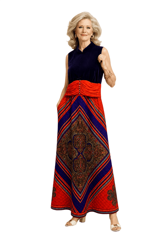 1970s Red Velvet Maxi Dress - Model