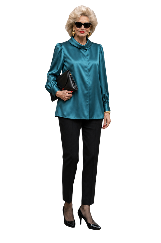 1980s Teal Silk Blouse - Model