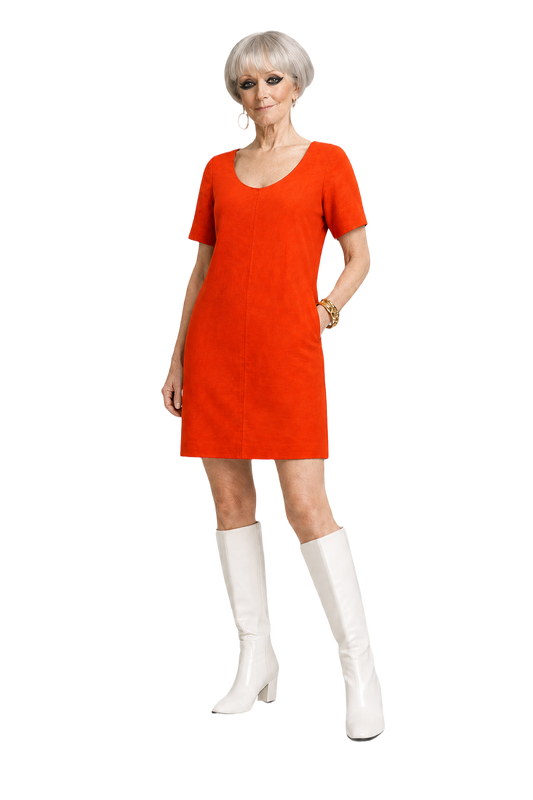 [1970s] Bright Orange Cotton Blend Shift Dress - Model
