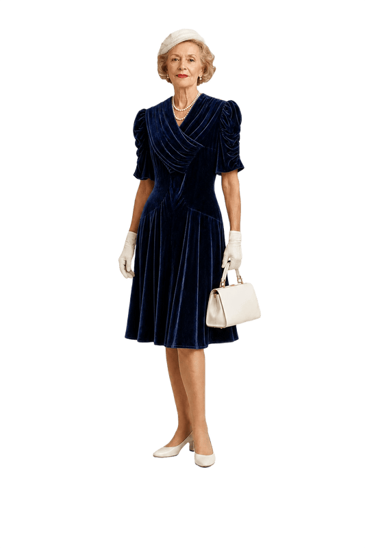 1950s Navy Blue Velvet Dress - Model