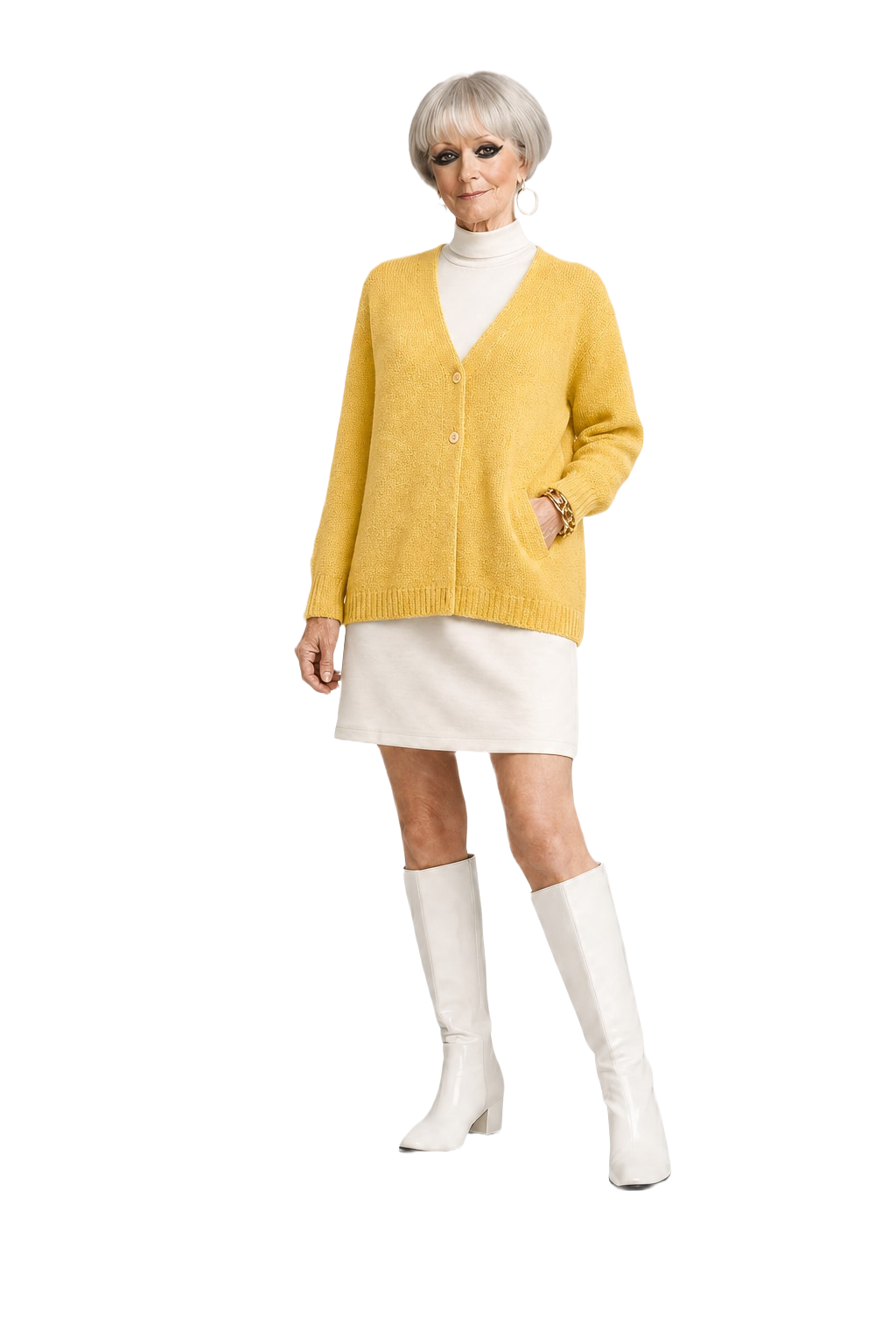 1960s Pastel Yellow Wool Blend Cardigan - Model