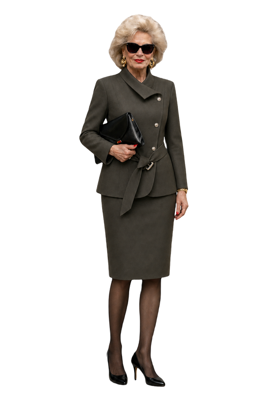 1980s Olive Green Wool Blend Skirt Suit - Model