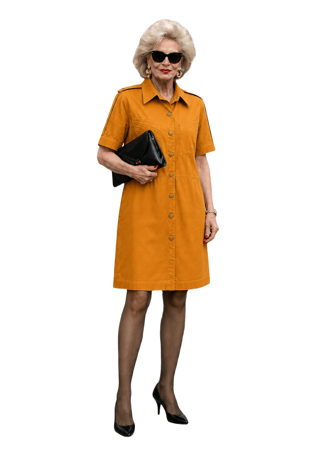 1980s Mustard Yellow Cotton Shirt Dress - Model