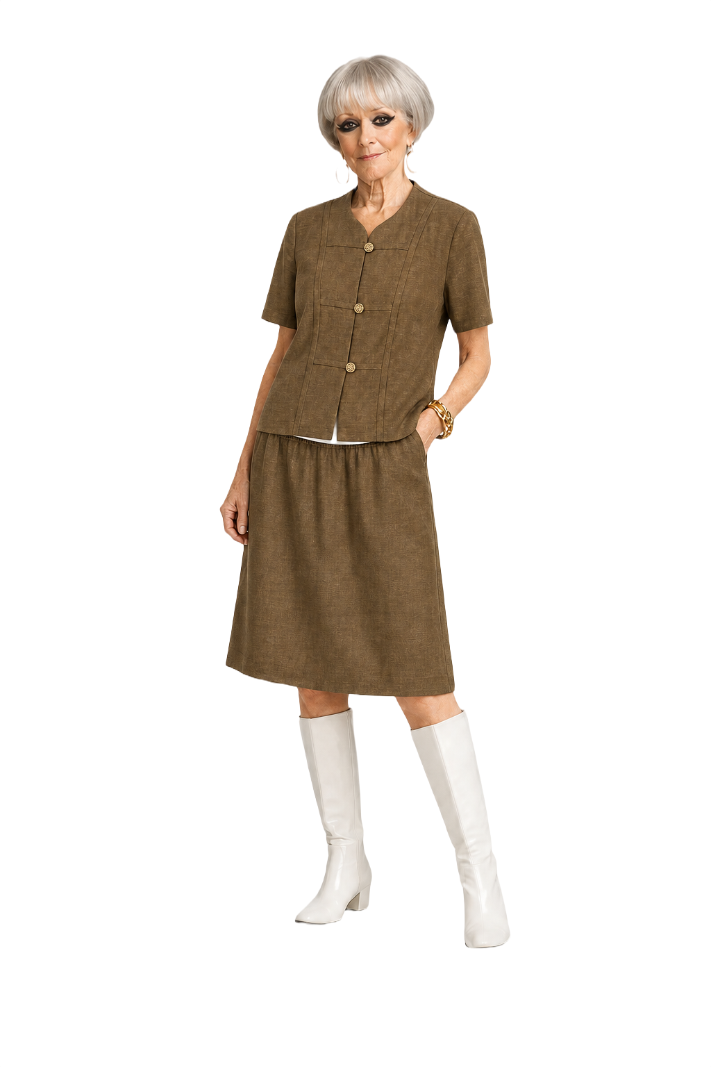 1960s Olive Green Synthetic Blend Blouse + Skirt Set - Model