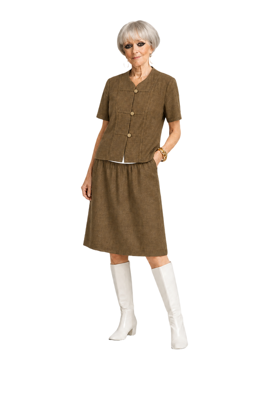 1960s Olive Green Synthetic Blend Blouse + Skirt Set - Model