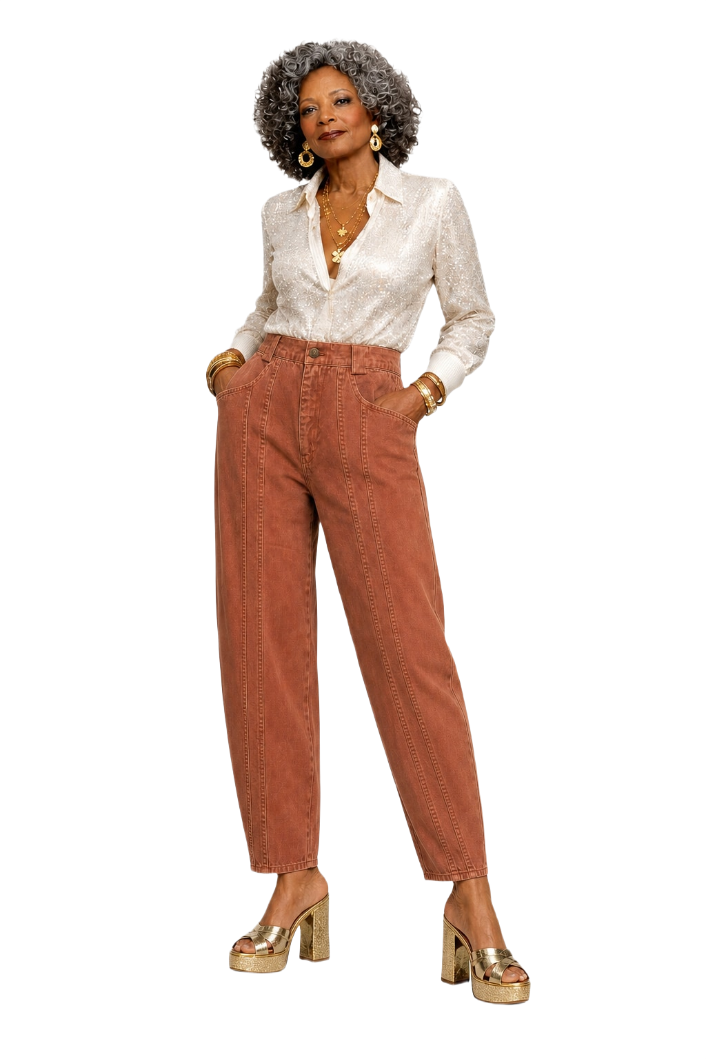 1980s Rust Orange Cotton Blend Pants - Model