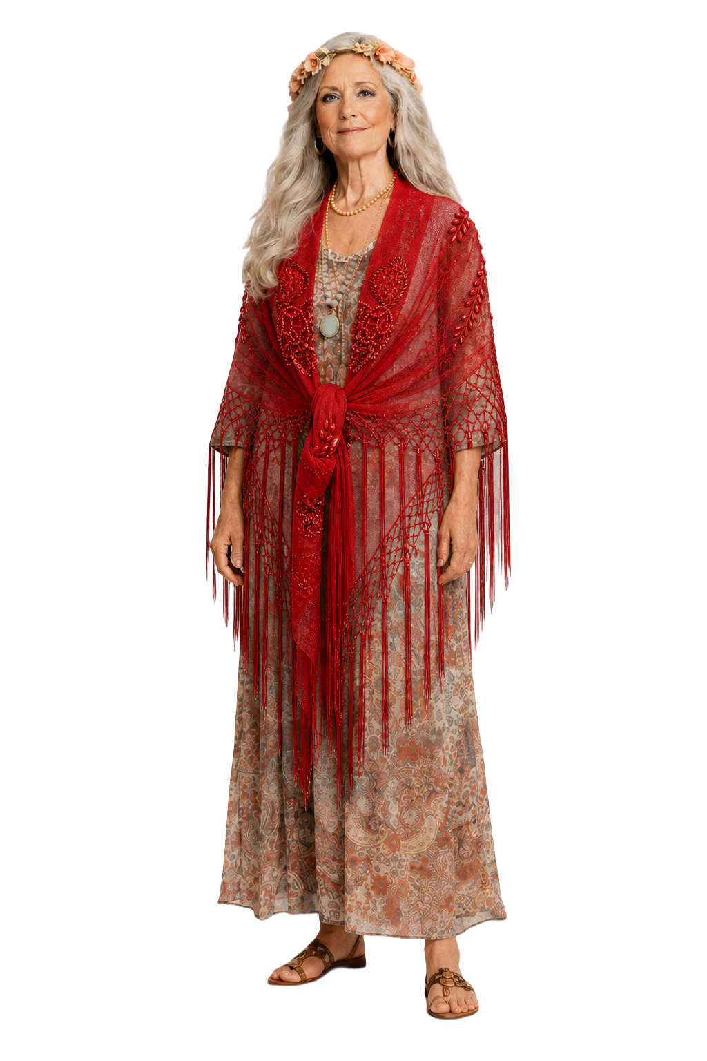 1970s Red Lace Shawl - Model