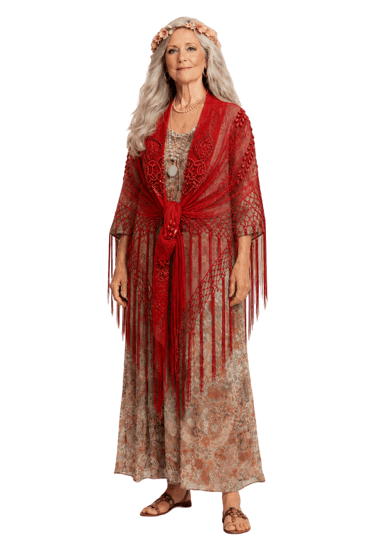 1970s Red Lace Shawl - Model