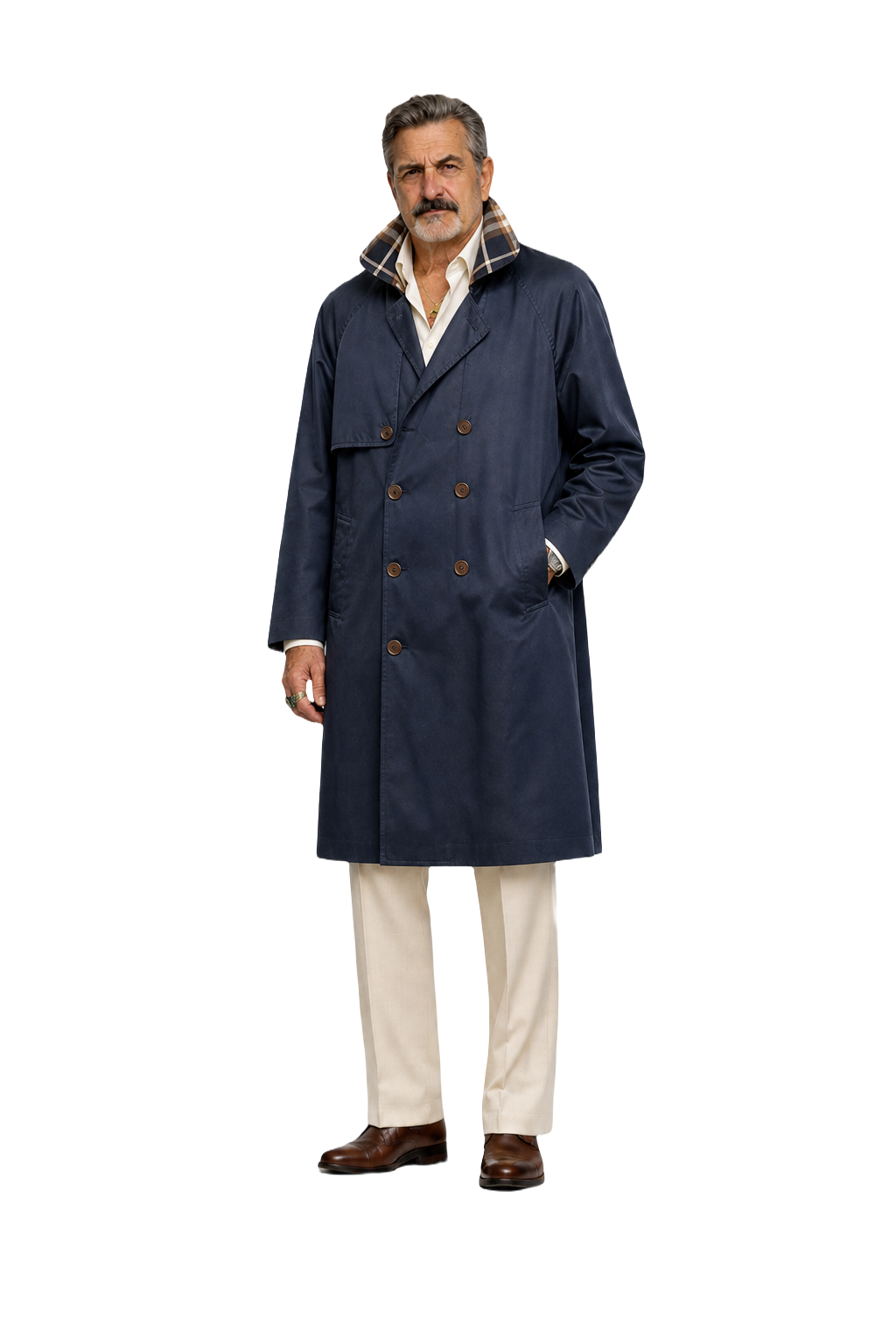 1980s Navy Blue Wool Blend Trench Coat - Model