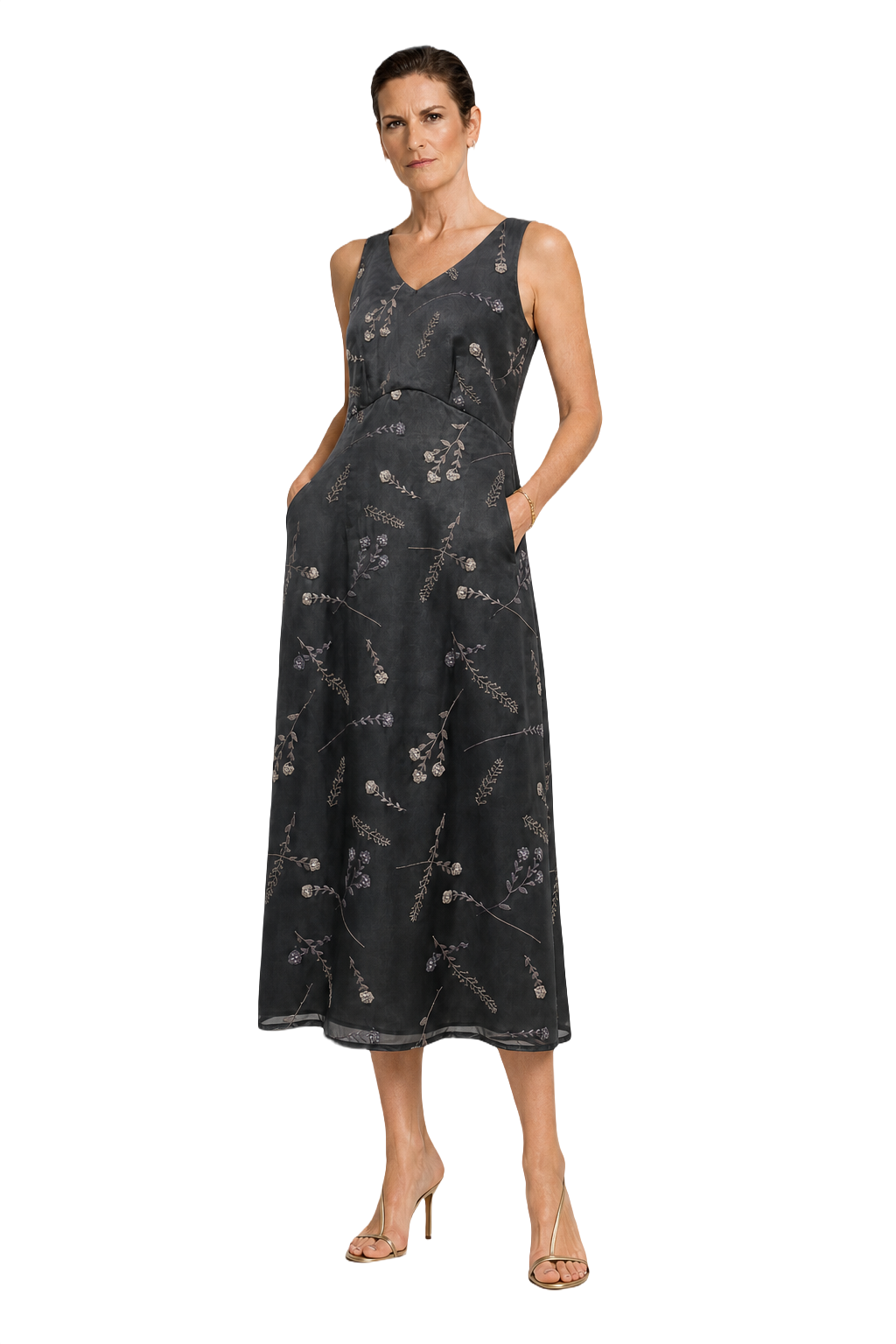 1990s Dark Gray Synthetic Midi Dress - Model