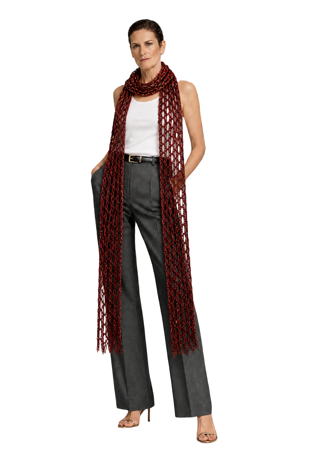 1990s Burgundy Textured Wool Blend Scarf - Model