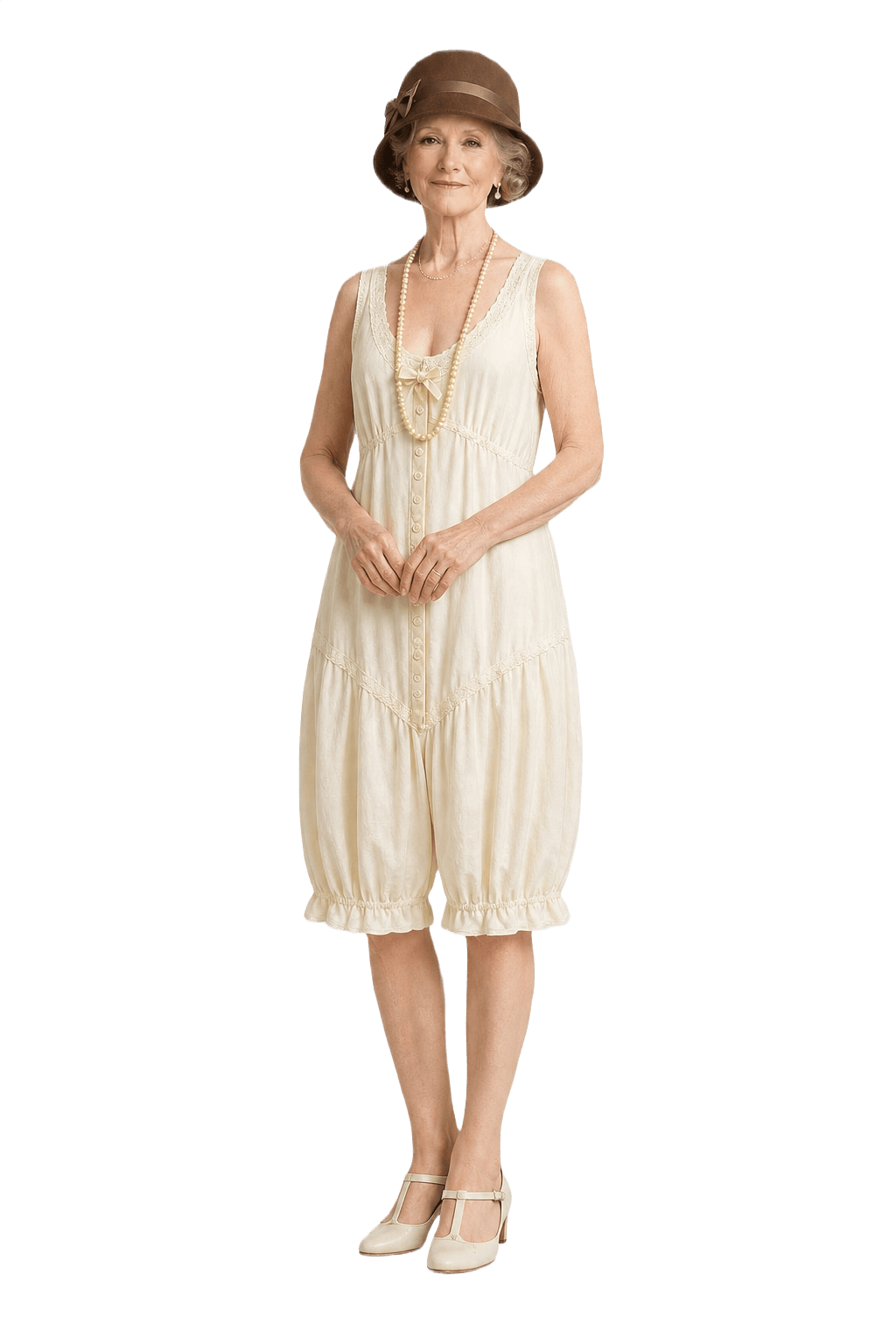 1920s Cream White Cotton Blend Mini Dress - Model