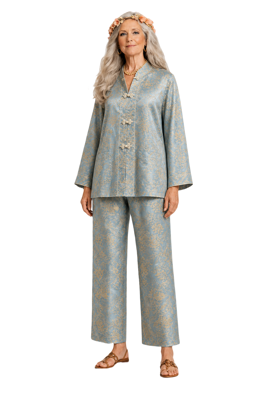 1970s Light Blue Silk Brocade Jacket and Pants Set - Model